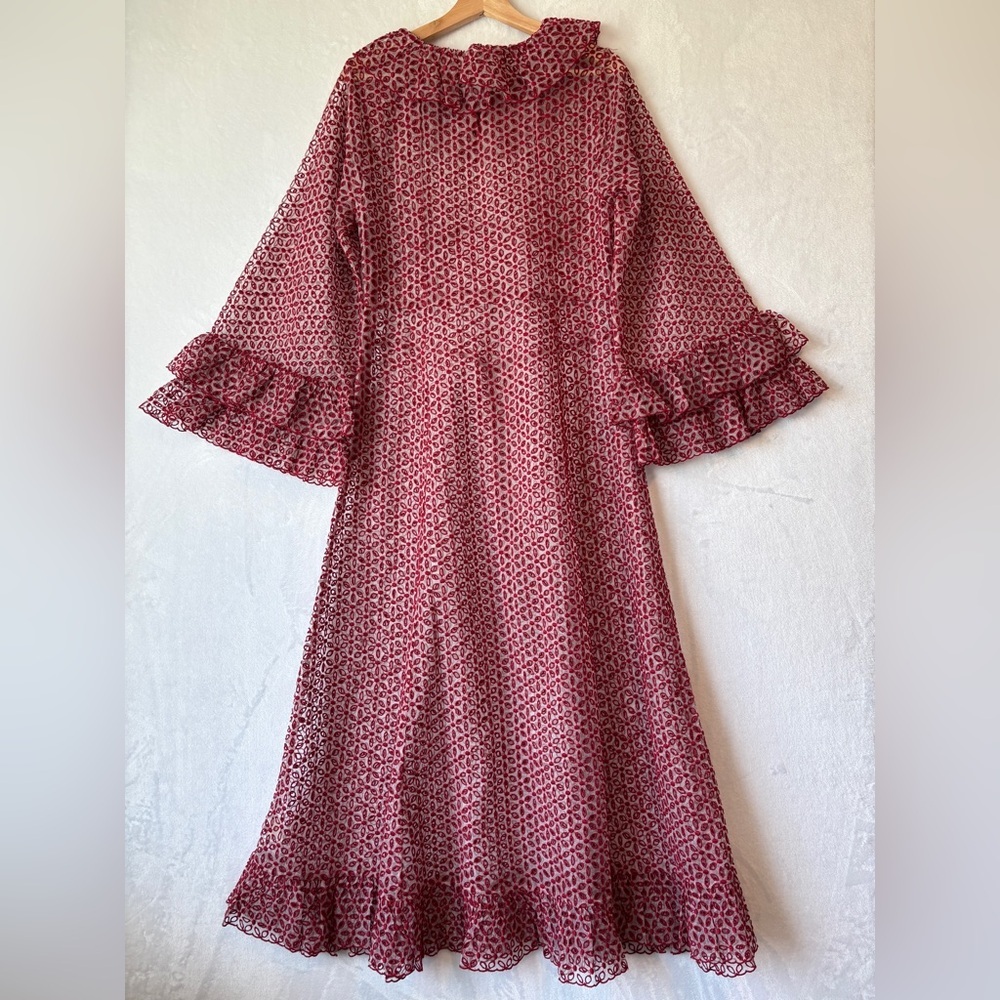 Doen Heirloom Red sheer Constellation poppy Ruffled Tiered Gown Dress size large - Picture 15 of 16